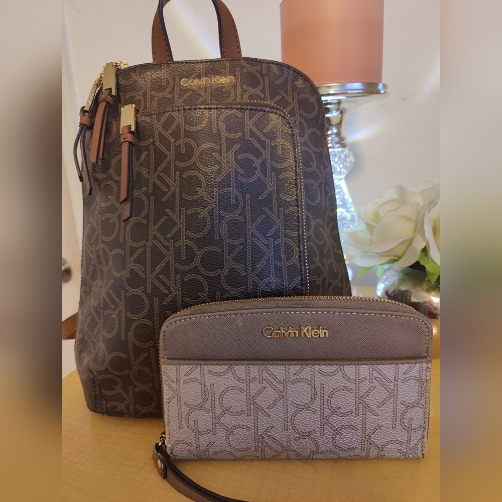 ✨Set of 2 CK Calvin Klein Small Gold & Brown Backpack Purse and Wallet